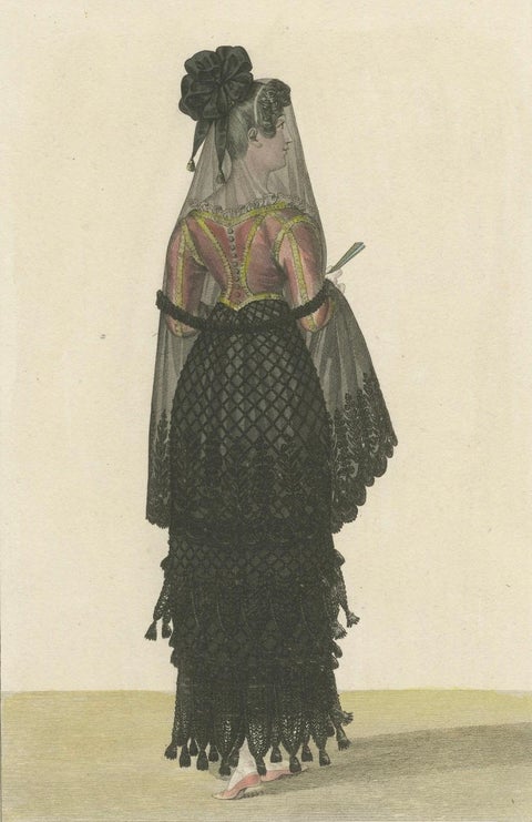 Spanish Woman from Madrid, Hand-Colored Engraving, Costume de divers Pays, 1820, close-up 2