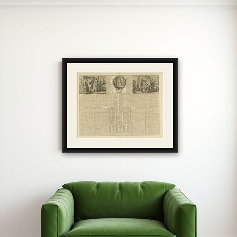 Antique Print of the Monarchy and Nobles of Great Britain by Chatelain, c.1720, shown framed on a wall