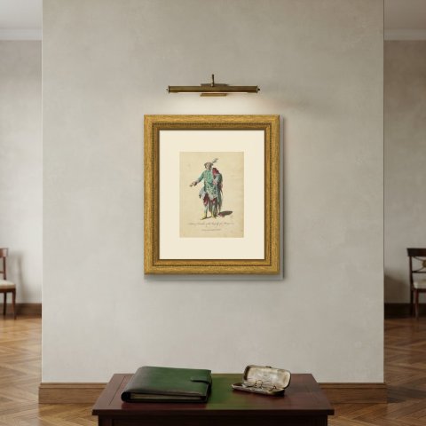 Dorilas in the Tragedy of Merope, Georgian Stage Costume, Jefferys Print, 1757, shown framed on a wall