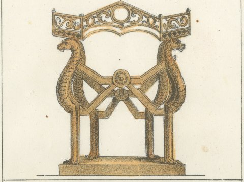 The Throne of Dagobert with Pepin, Bertha and Charlemagne, Lithograph, 1842, close-up 1
