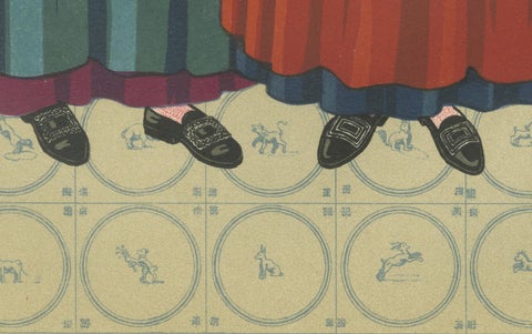 Chromolithograph of Frisian Women in Tall Sunday Hats and Checked Aprons, 1932, close-up 2