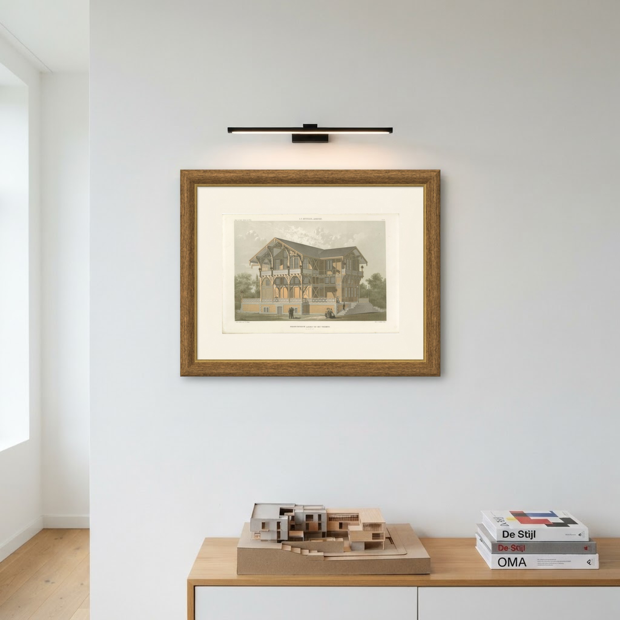 Swiss Chalet Aviary, Perspective, Dutch Architecture Print, Leliman, 1865-1866, shown framed on a wall