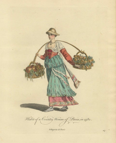 Italian Country Woman Costume Print, Pavia Peasant Dress, 1749, close-up 3