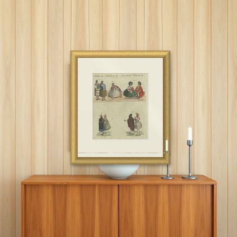 Elegant Costumes of 18th-Century Peru: Hand-Colored Engraving from Bertuch, 1805, shown framed on a wall
