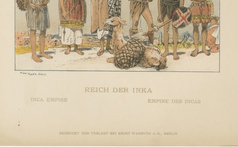 Inca Empire Costumes, Antique Lithograph of Inca Clothing, Max Tilke c.1880, close-up 3