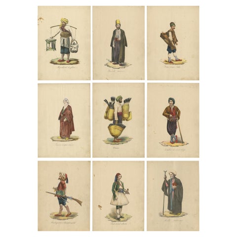 Set of 9 Antique Costume Prints, Turkey, Albania, Anatolia, 'c.1840'