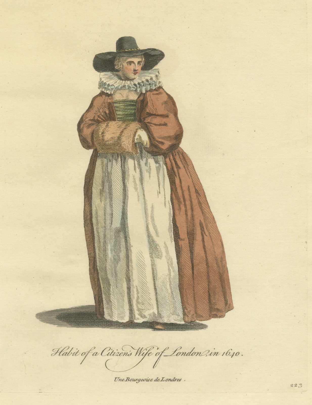 Citizen's Wife of London in 1640 with Fur Muff, Jefferys Costume Print, 1757