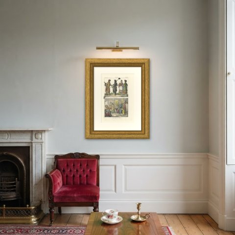 Russian Hatter and Chimney Sweep, Russian Women and a Baptism, 1842, shown framed on a wall