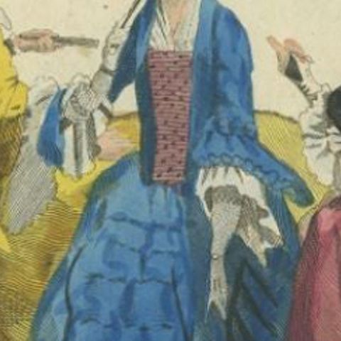 Antique Hand-Colored Engraving of three Ladies from England, 1805, close-up 2
