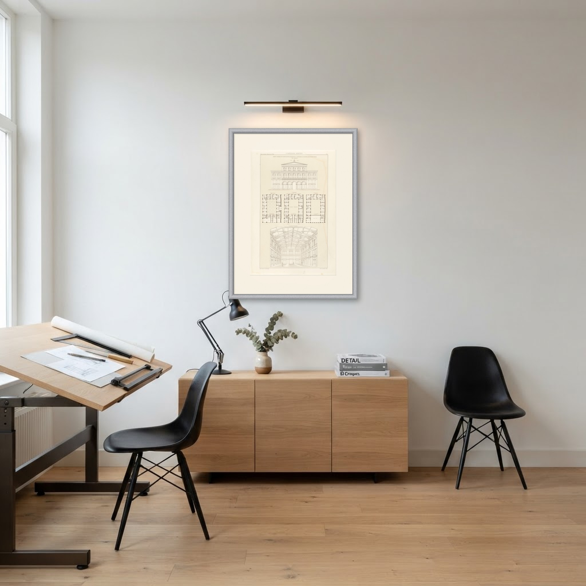 Unbuilt Rotterdam Post Office, Dutch Architecture Print, Leliman, 1865-1866, shown framed in a room