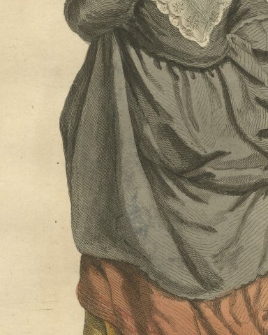 Merchant's Wife of London in 1640, Back View, Jefferys Costume Print, 1757, close-up 2