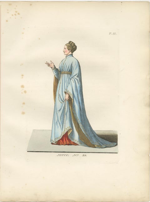Medieval Costume Figures, 3 Elegant Hand-Colored Antique Prints, France 1845, view 3