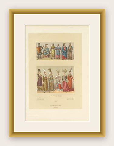 Antique Print of Costumes of the Middle Ages by Racinet '1888', shown framed