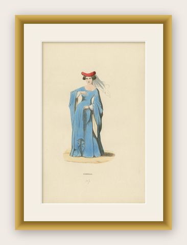 Noble Damsel of the Middle Ages in Traditional Blue Gown and Headdress, 1847, shown framed