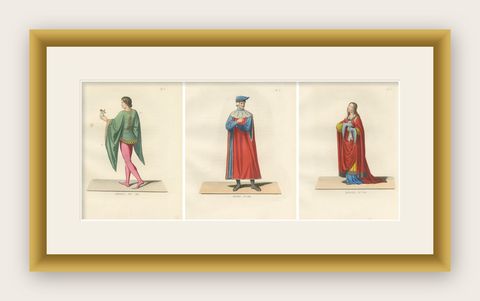 French Youth, Italian Nobleman and Noblewoman in Renaissance Costume, 1845 Print, shown framed