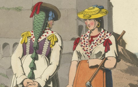 Costume Print: Peasant Women at Lerici in Italy, 1820s Hand-Colored Engraving, close-up 4