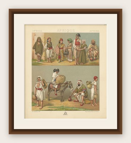 Pl. 86 Antique Print of African Costumes Racinet, 'circa 1880', shown framed