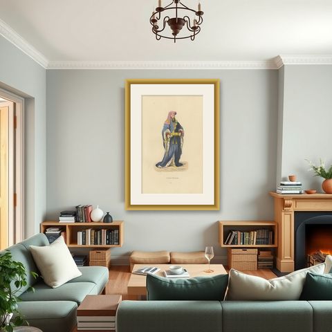 William de Beauchamp in Noble Attire in An Original Handcolored Lithograph, 1847, shown framed in a room