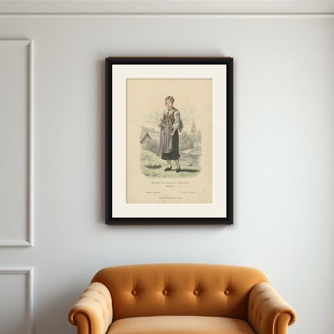 Antique Costume Print of a Girl from Leksand in Sweden, c.1880, shown framed on a wall