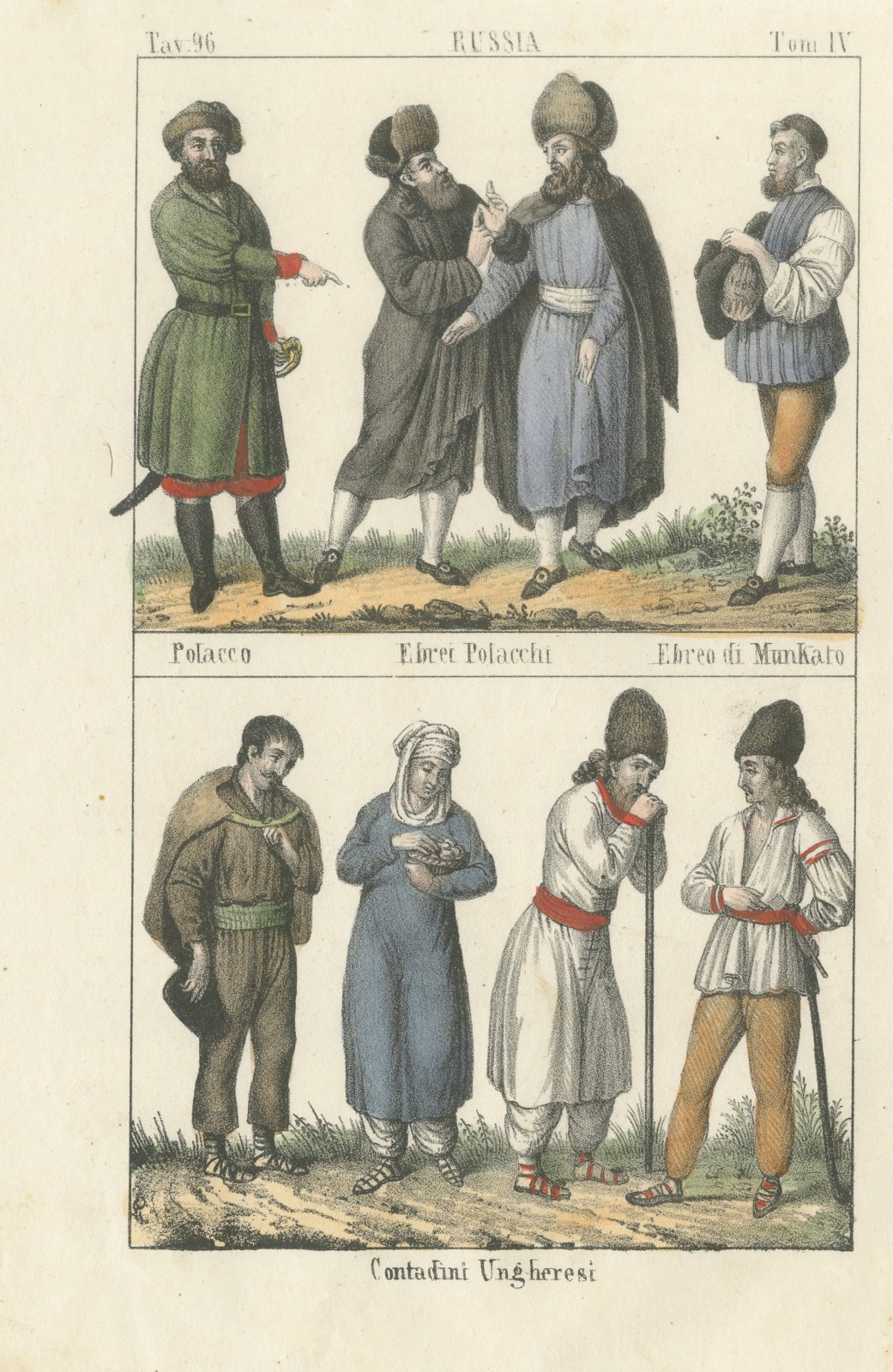 A Pole, Polish Jews and Hungarian Peasants, Hand Colored Lithograph, 1842
