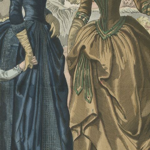 Antique French Fashion Plate, Elegant Ladies in Garden Scene, c.1880, close-up 2