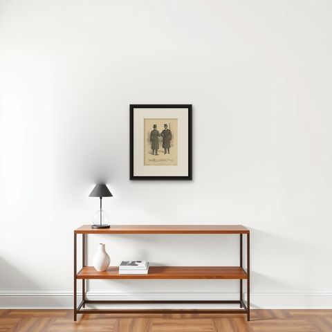 Old Fashion Print of Two Men Illustrating the Fashion Trends of September, 1898, shown framed on a wall