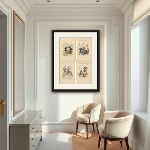 Set of Four Antique French Medieval Military Costume Prints, circa 1860, shown framed in a room