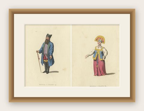 Sartorial Elegance of Kaluga: A Merchant and a Woman in Traditional Attire, 1814, shown framed