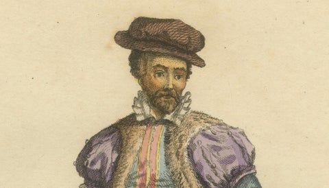 Danzig Merchant Costume Engraving, Polish Trade Figure, Hand-Colored, 1749, close-up 1