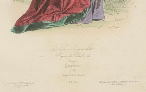 Antique French Costume Print of a Noble Lady in Medieval Attire, 19th Century, close-up 1