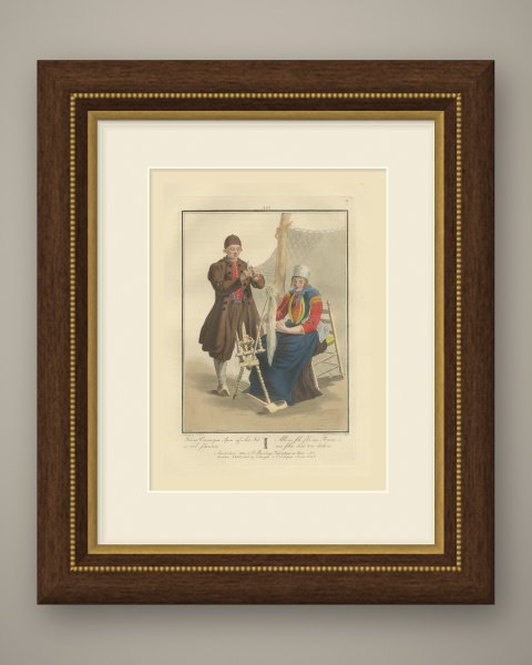 Fisherman and Wife mending the Net, Dutch Costume Print, 1811, shown framed