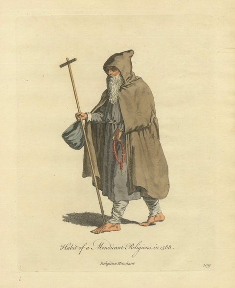 Mendicant Religious Costume Engraving, Pilgrim Monk, 1588 - Published in 1749, close-up 1