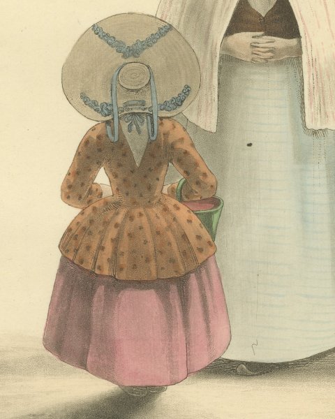 Woman and Little Girl with Green Pail, Antique Ackermann Costume Print, 1817, close-up 2
