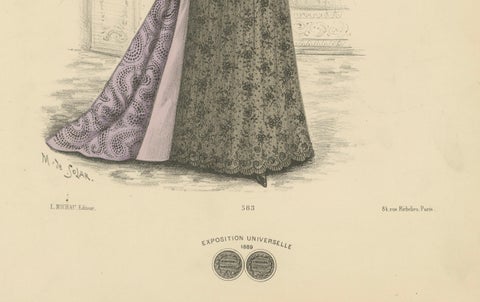 Victorian Evening Elegance: Opulent Fashion Lithograph Published in 1889, close-up 1