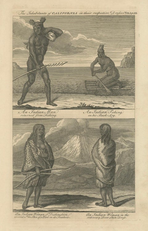 Inhabitants of California, Indigenous Dress and Daily Life Engraving, c1774, close-up 6