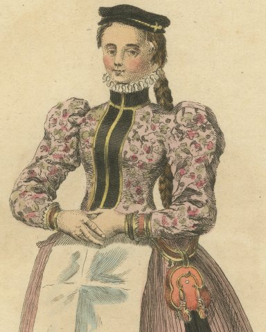 Lady of Nuremberg in Flowered Bodice and Pink Skirt, Costume of 1577, 1757, close-up 1