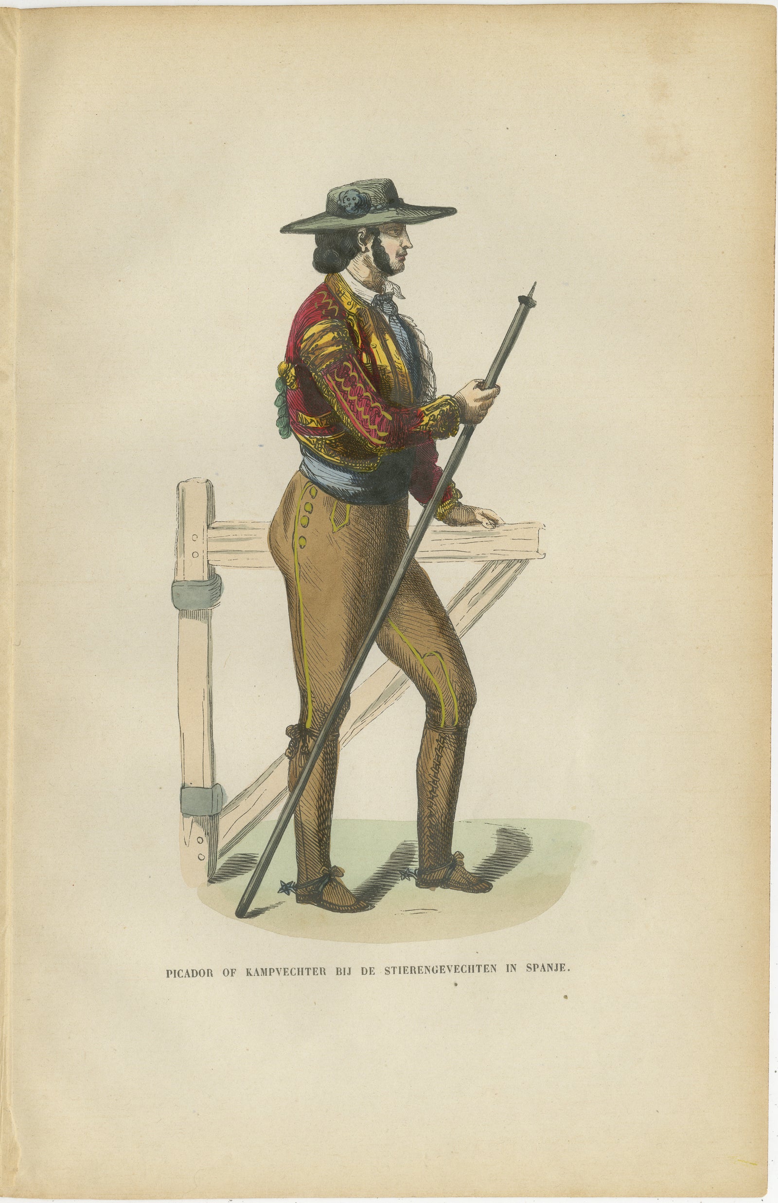 Spanish Bullfight Picador - Antique Costume Lithograph, c.1852