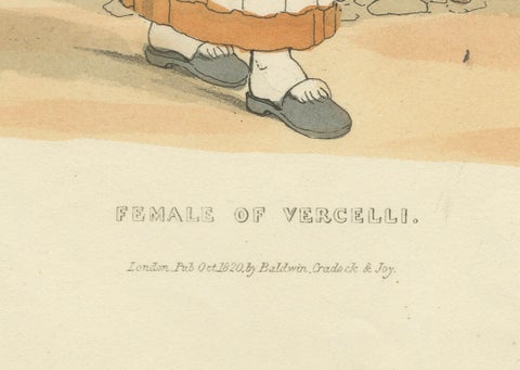 Italian Costume, Female of Vercelli, Hand-Coloured Print by R. Bridgens, 1835, close-up 1