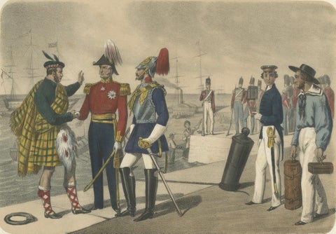 British and Scottish Costumes, Officers, Guards, and Sailors, c.1845, close-up 1