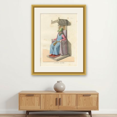 Medieval Elder in Throne c.1400s, Antique Costume Study Print, 1845, shown framed on a wall