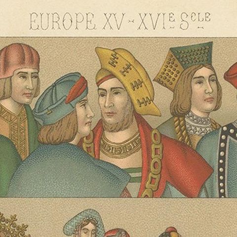Pl. 43 Antique Print of European 15th-16th Century Costumes, Racinet, circa 1880, close-up 1