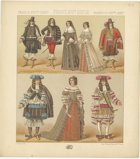 Pl. 102 Antique Print of French 17th Century Costumes by Racinet, circa 1880, view 3