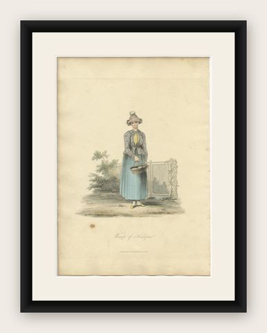 Antique Costume Print of a Frisian Woman from Hindelopen, the Netherlands, 1817, shown framed