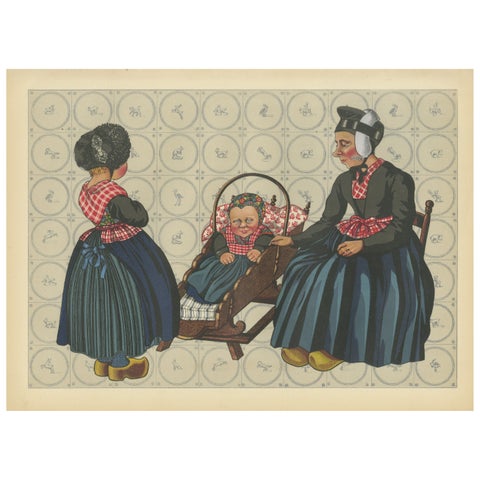 Charming Dutch Folk Art Print of Staphorst Mother and Children in Costume, 1932
