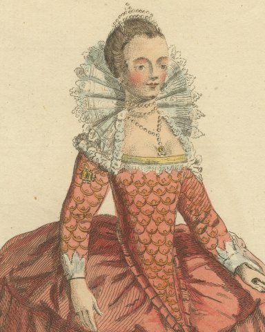 Lady in the Court of Queen Elizabeth in 1559, Jefferys Costume Plate, 1757, close-up 1