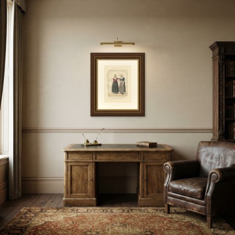 The Conversation, Dutch Costume Print, Maaskamp, 1811, shown framed in a room
