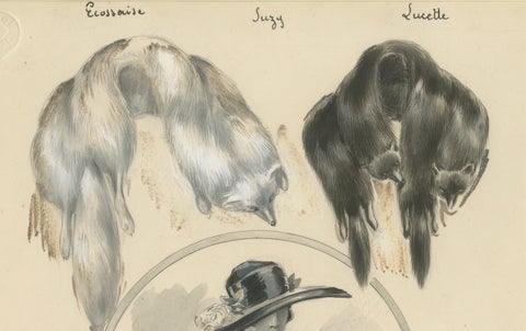 French Art Nouveau Fashion Design with Fur Stoles and Elegant Lady, c.1910, close-up 3