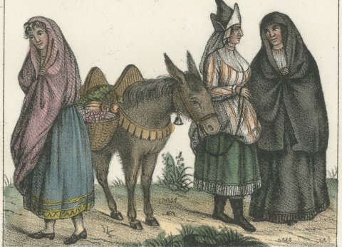 Portuguese and Spanish Costume with a Lisbon Fruit Seller and Donkey, 1842, close-up 2