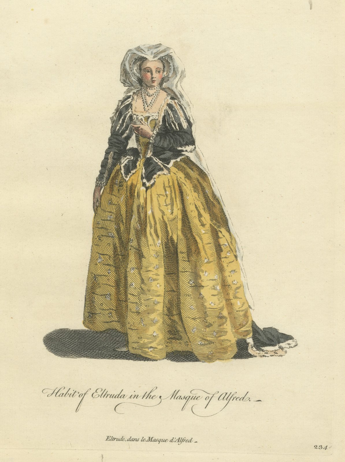 Eltruda in the Masque of Alfred, Georgian Stage Costume, Jefferys Print, 1757