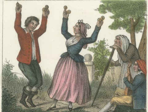 The Fandango Dance and a Spanish Bullfight, Hand Colored Lithograph, 1842, close-up 1